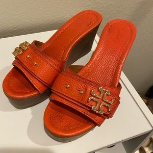 Tory Burch Orange Leather Wedge Slide Sandals with Gold Logo
